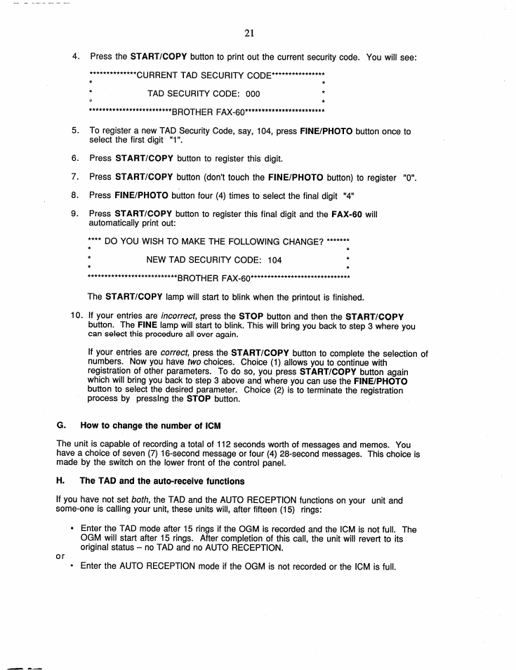G. how to change the number of icm, H. the tad and the auto-recelve functions | Brother FAX-60 User Manual | Page 27 / 36