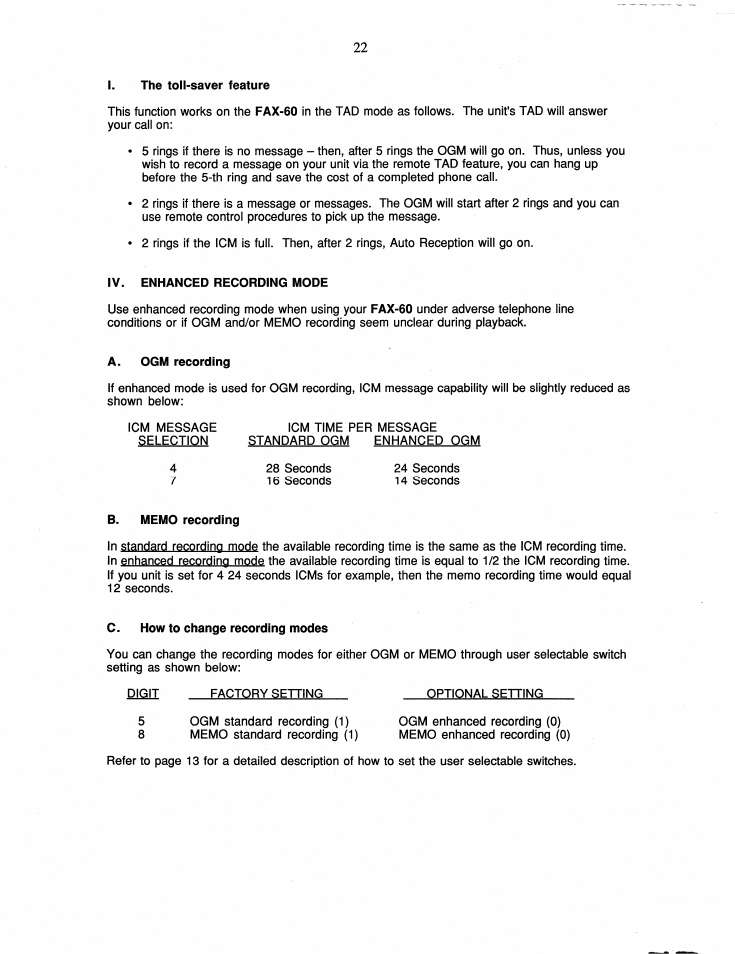The toll-saver feature, Iv. enhanced recording mode, A. ogm recording | B. memo recording, C. how to change recording modes | Brother FAX-60 User Manual | Page 28 / 36