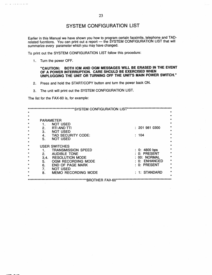 System configuration list | Brother FAX-60 User Manual | Page 29 / 36
