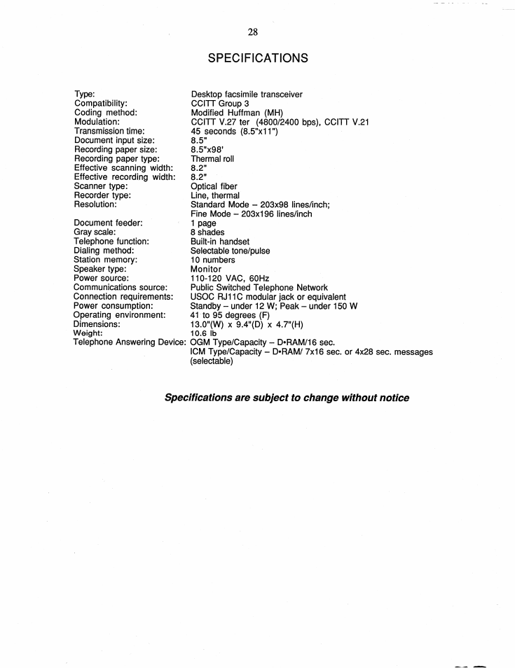Specifications | Brother FAX-60 User Manual | Page 34 / 36