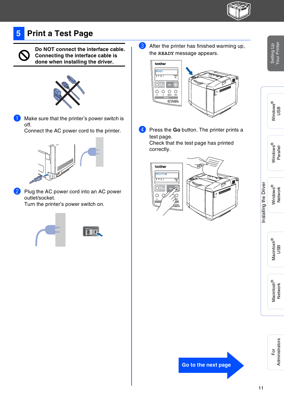 5print a test page, Go to the next page | Brother HL-2700CN Series User Manual | Page 13 / 36