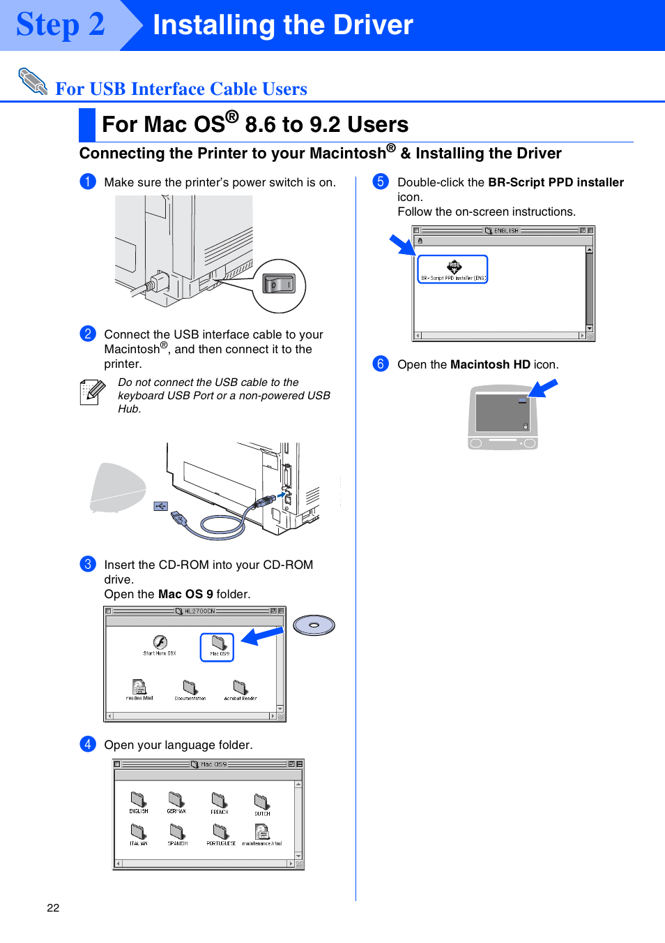 For usb interface cable users, For mac os® 8.6 to 9.2 users, For mac os | 6 to 9.2 users, Step 2, Installing the driver | Brother HL-2700CN Series User Manual | Page 24 / 36