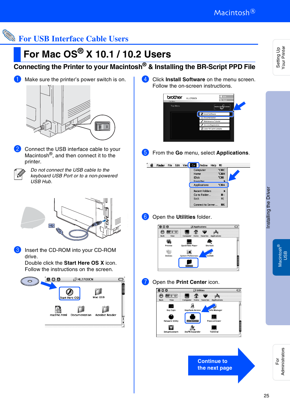 For mac os® x 10.1 / 10.2 users, For mac os, X 10.1 / 10.2 users | For usb interface cable users, Connecting the printer to your macintosh, Installing the br-script ppd file | Brother HL-2700CN Series User Manual | Page 27 / 36