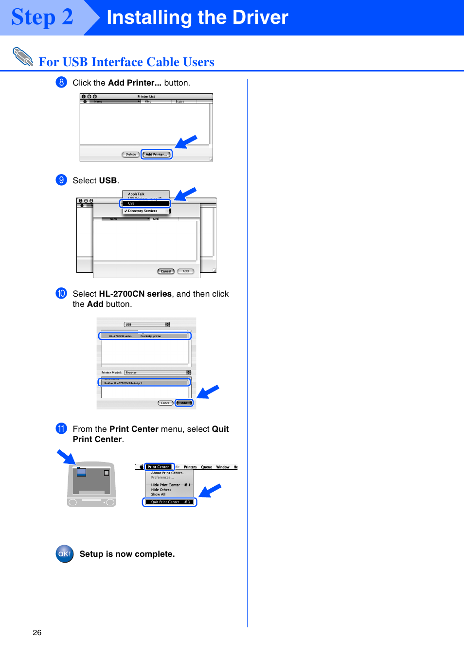 Step 2, Installing the driver | Brother HL-2700CN Series User Manual | Page 28 / 36