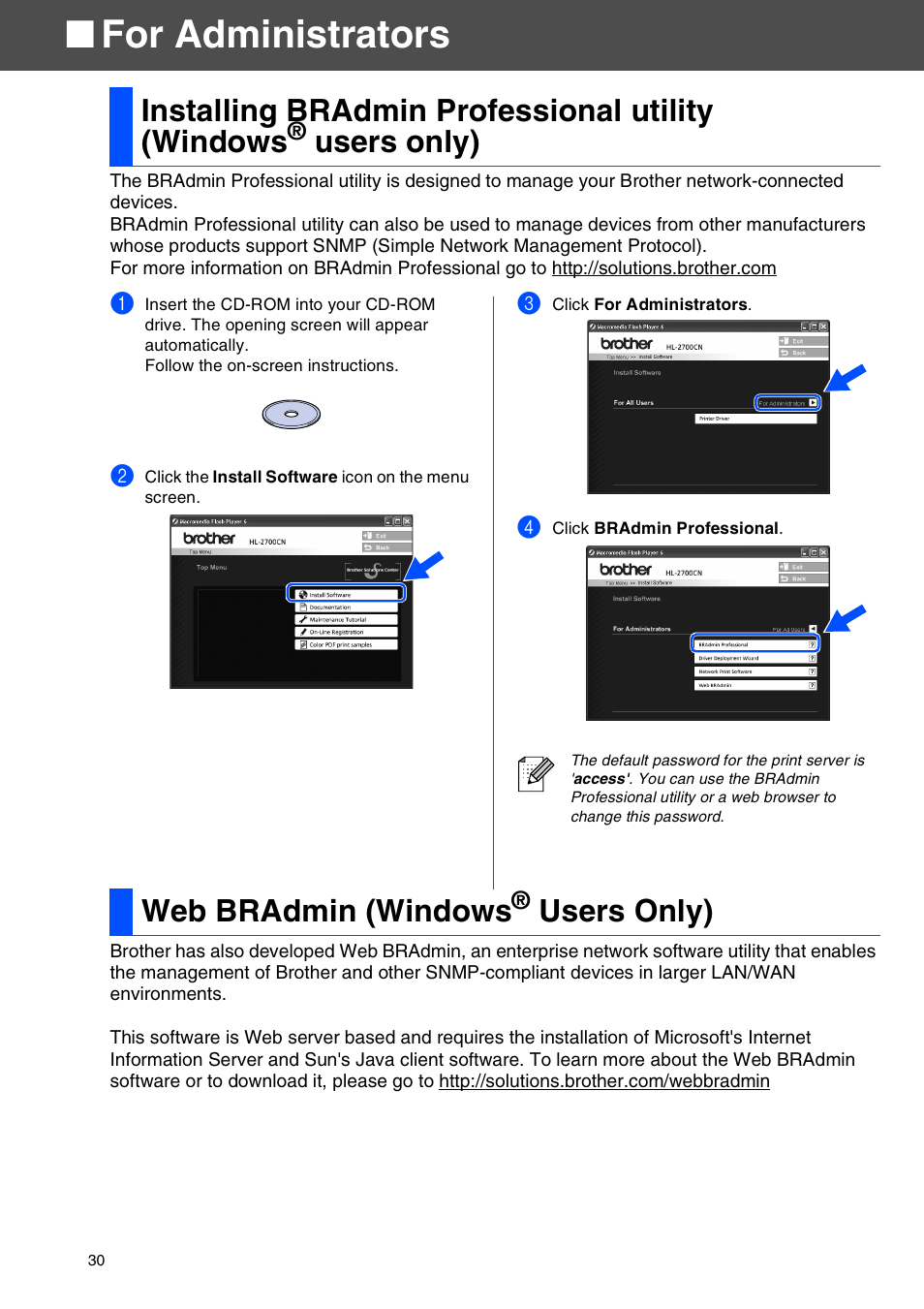 For administrators, Web bradmin (windows® users only), Installing bradmin professional utility (windows | Users only), Web bradmin (windows | Brother HL-2700CN Series User Manual | Page 32 / 36