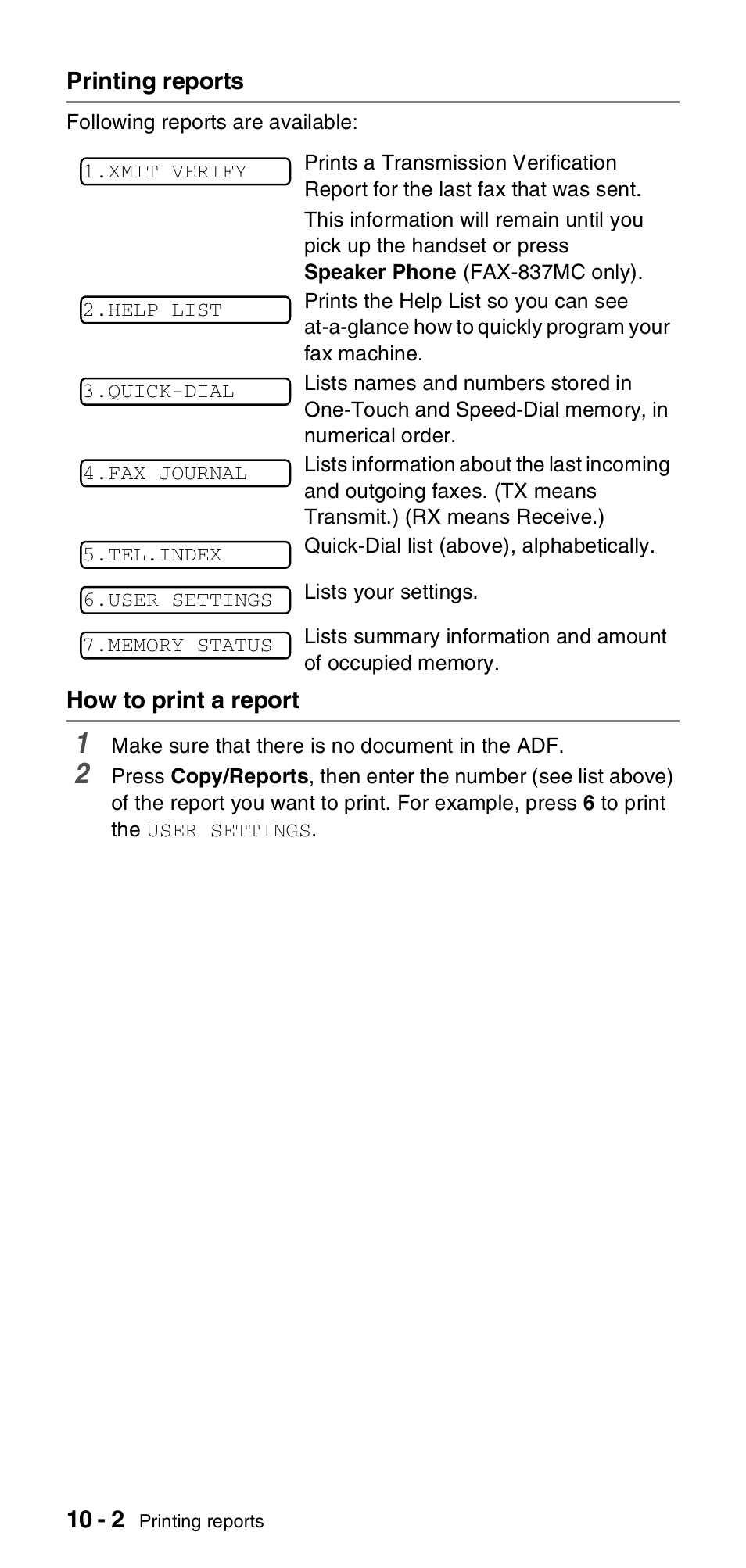 Printing reports, How to print a report, Printing reports -2 how to print a report -2 | Brother FAX-837MC User Manual | Page 96 / 130