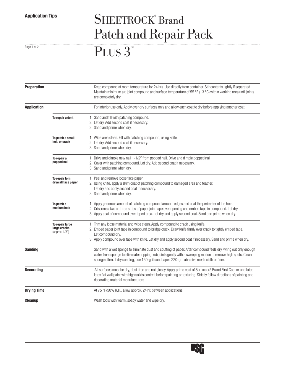 USG Sheetrock Patch and Repair Pack PLUS 3 User Manual | 2 pages