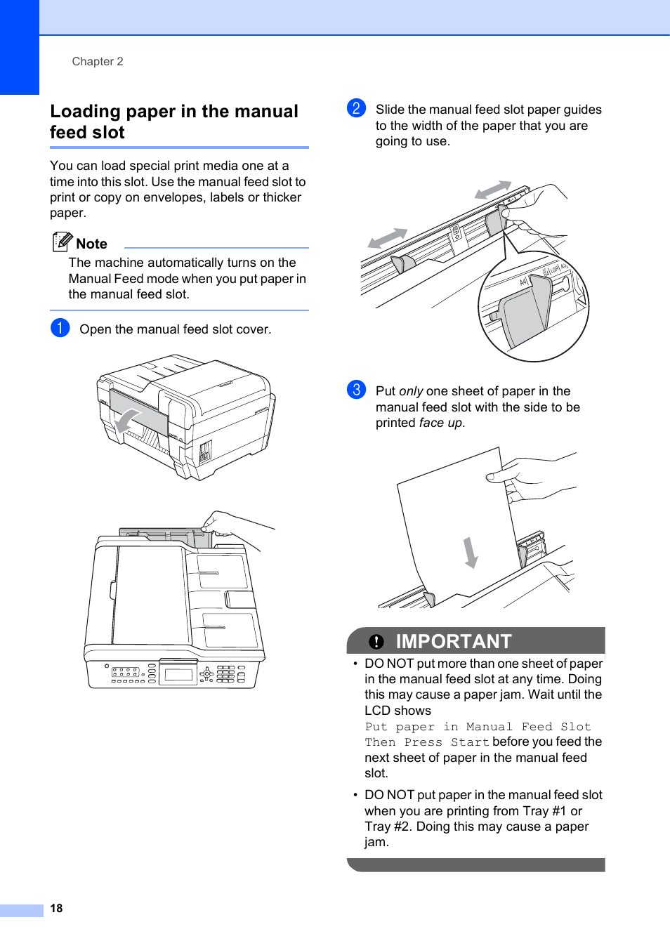 Loading paper in the manual feed slot, Important, Open the manual feed slot cover | Brother MFC J6510DW User Manual | Page 32 / 163