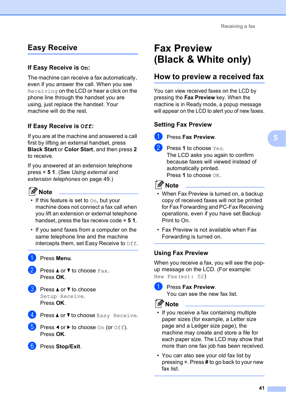 Easy receive, If easy receive is on, If easy receive is off | Fax preview (black & white only), How to preview a received fax, Setting fax preview, Using fax preview, 5easy receive | Brother MFC J6510DW User Manual | Page 55 / 163