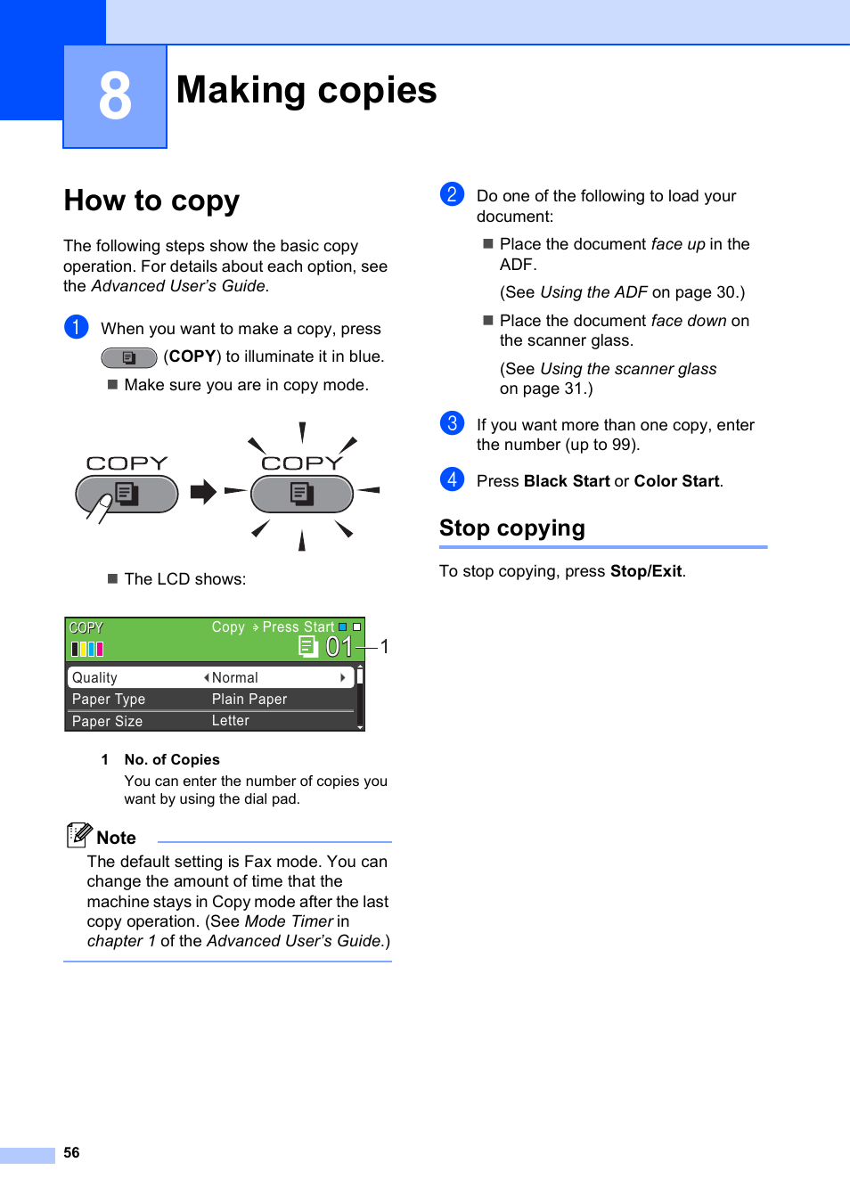 8 making copies, How to copy, Stop copying | Making copies | Brother MFC J6510DW User Manual | Page 70 / 163