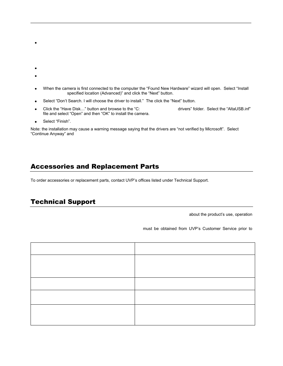 Accessories and replacement parts, Technical support, Install the camera drivers | UVP BioChemi 500 Camera User Manual | Page 7 / 7
