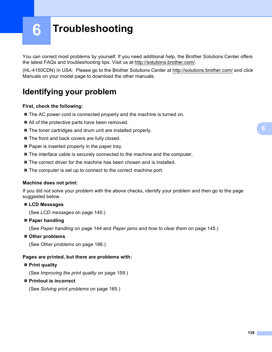 6 troubleshooting, Identifying your problem, Troubleshooting | Brother HL 4150CDN User Manual | Page 145 / 199