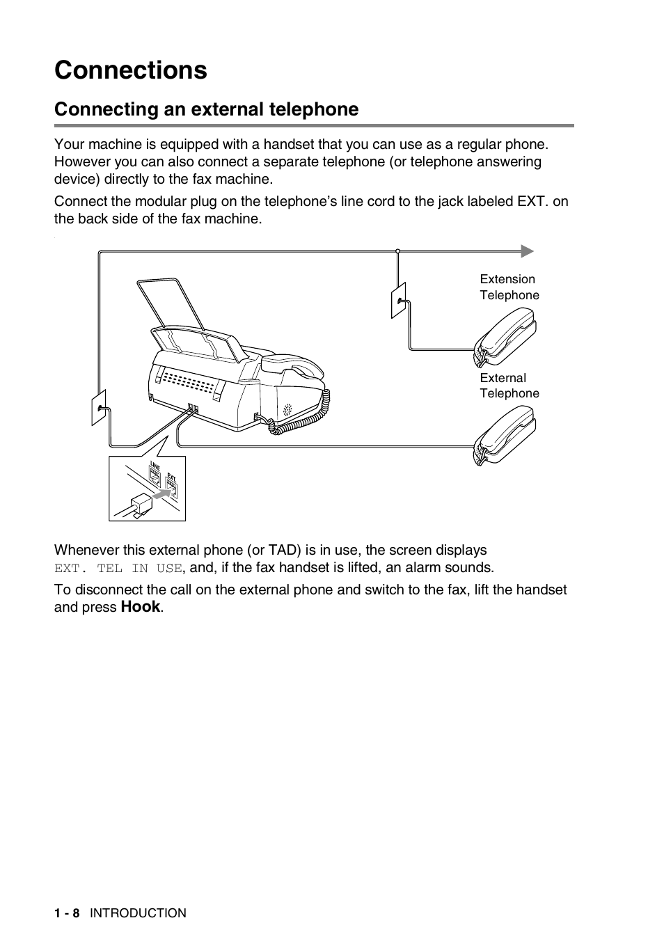 Connections, Connecting an external telephone, Connections -8 | Connecting an external telephone -8 | Brother FAX-565 User Manual | Page 25 / 119
