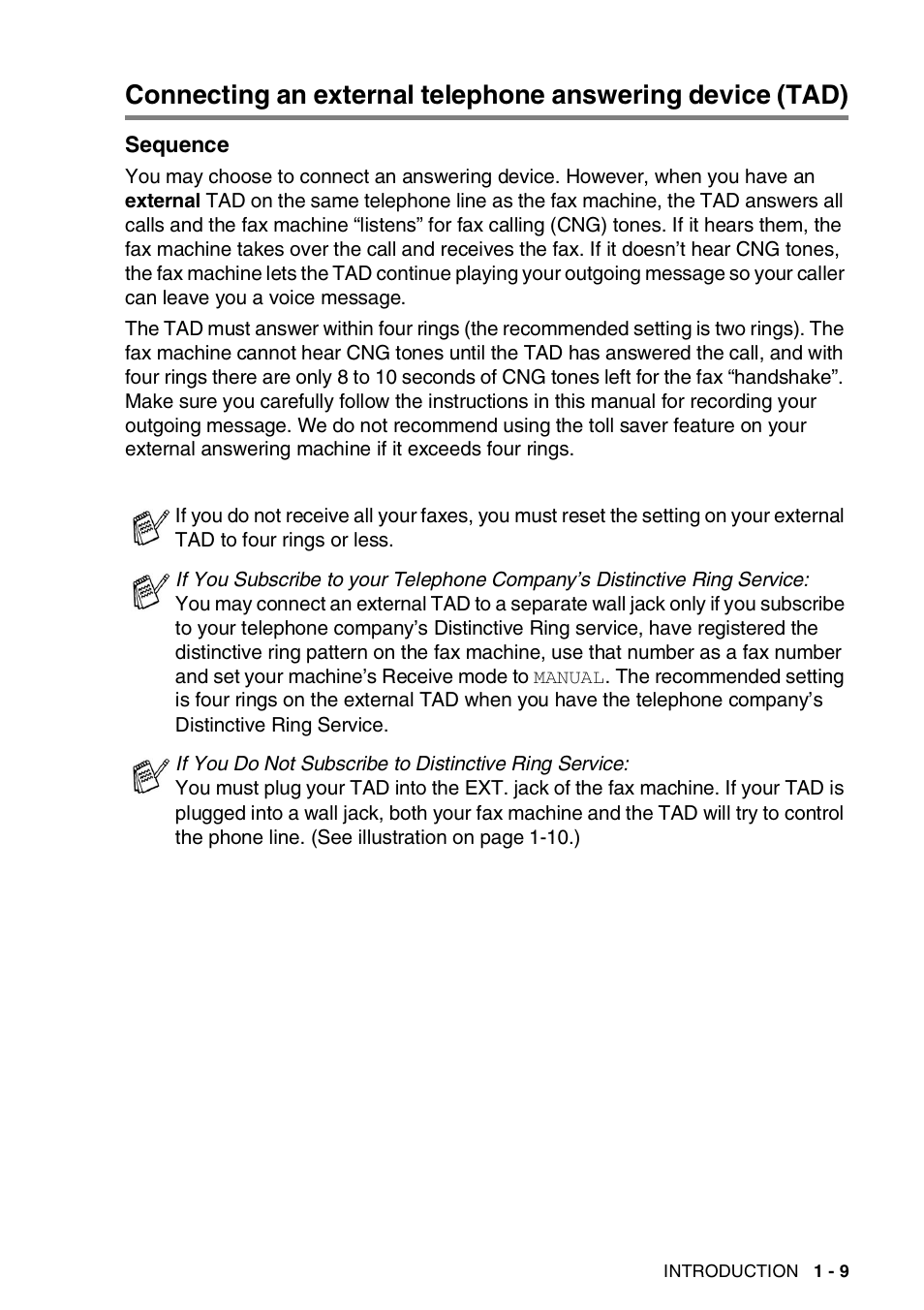Sequence, Connecting an external telephone answering device, Tad) -9 sequence -9 | Brother FAX-565 User Manual | Page 26 / 119