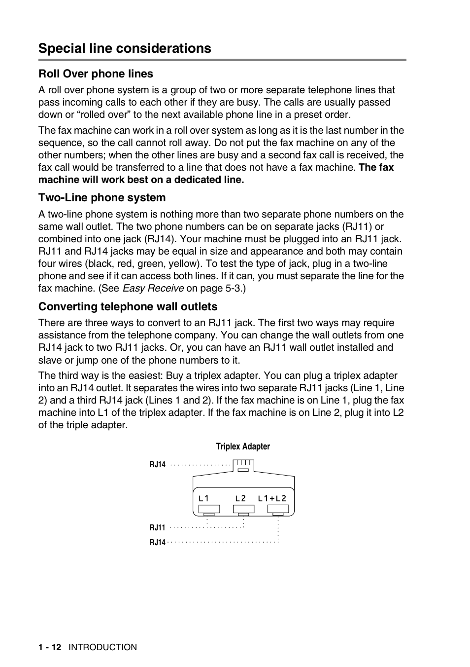 Special line considerations, Roll over phone lines, Two-line phone system | Converting telephone wall outlets, Special line considerations -12 | Brother FAX-565 User Manual | Page 29 / 119
