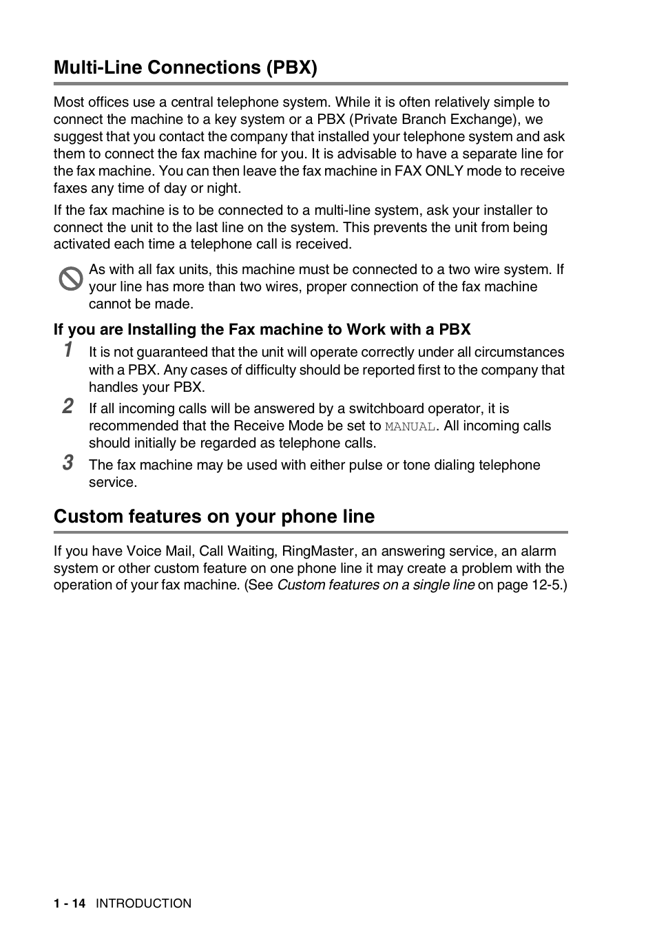 Multi-line connections (pbx), Custom features on your phone line, Multi-line connections (pbx) -14 | If you are installing the fax machine to work, With a pbx -14, Custom features on your phone line -14 | Brother FAX-565 User Manual | Page 31 / 119