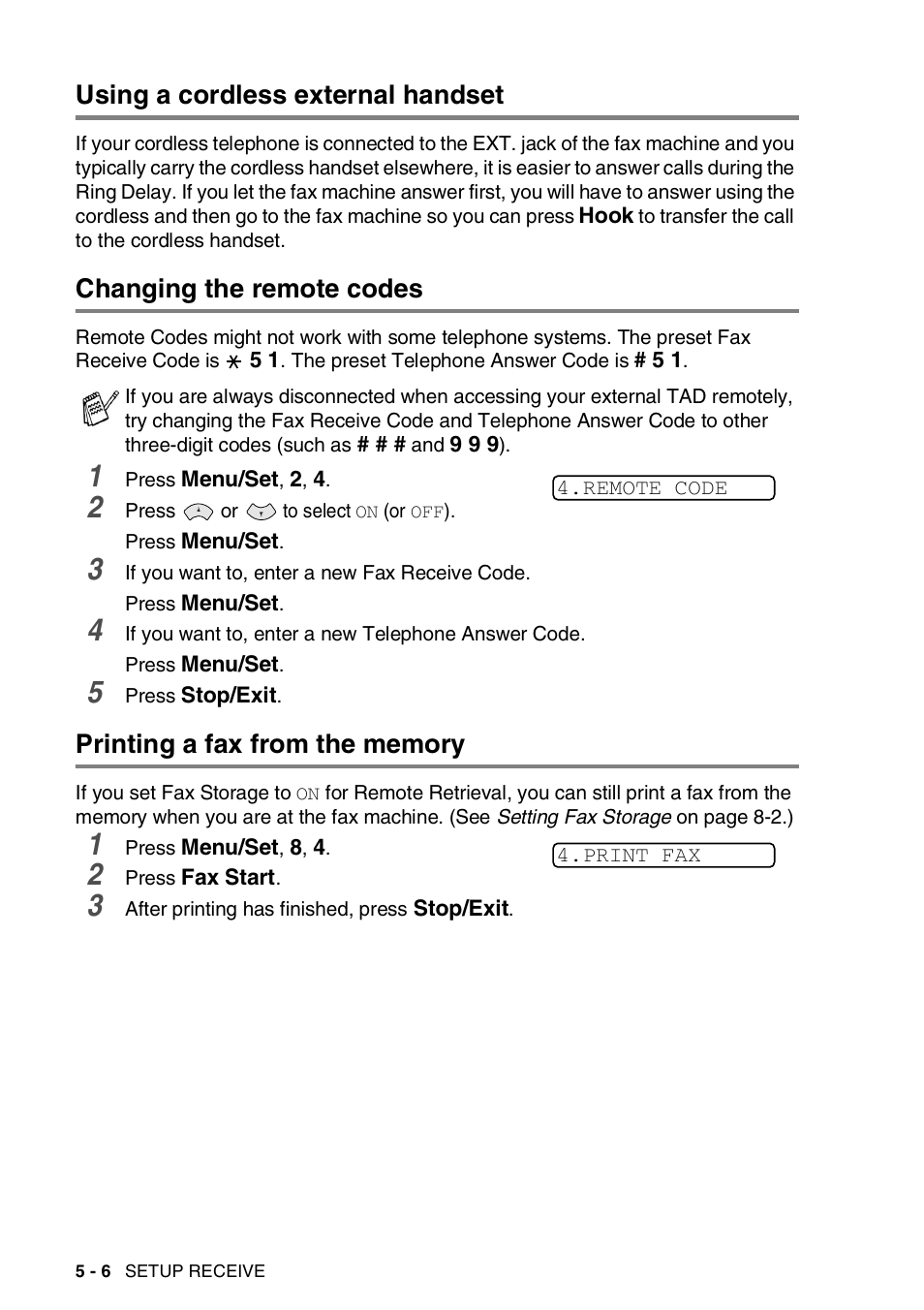 Using a cordless external handset, Changing the remote codes, Printing a fax from the memory | Brother FAX-565 User Manual | Page 51 / 119