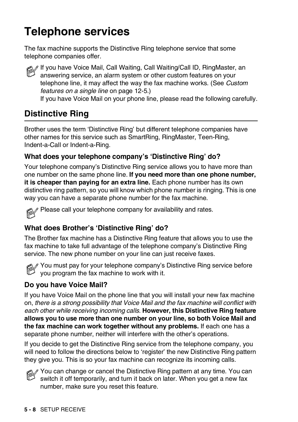 Telephone services, Distinctive ring, What does brother’s ‘distinctive ring’ do | Do you have voice mail, Telephone services -8, Distinctive ring -8, What does your telephone company’s, Distinctive ring’ do? -8 | Brother FAX-565 User Manual | Page 53 / 119