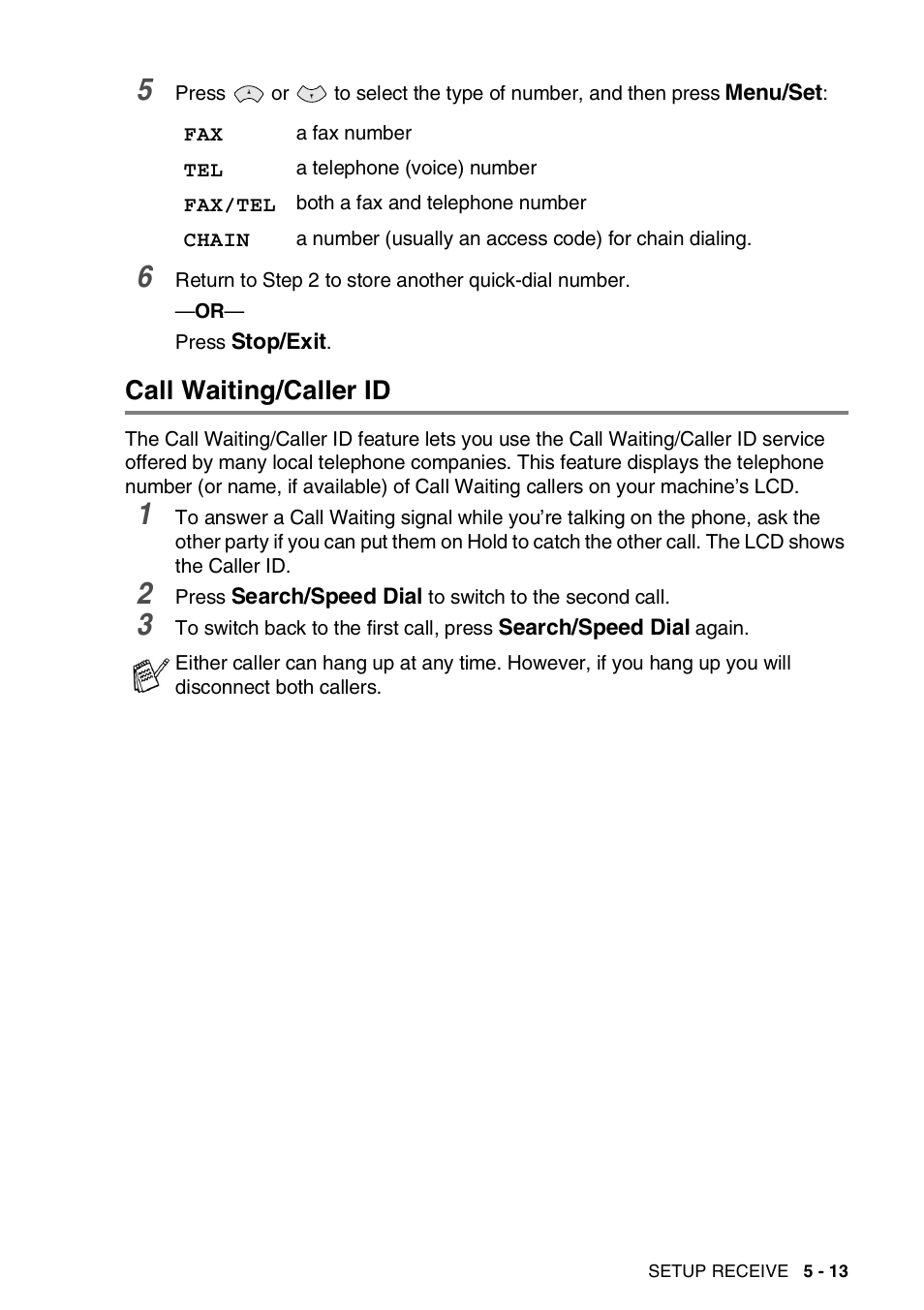 Call waiting/caller id, Call waiting/caller id -13 | Brother FAX-565 User Manual | Page 58 / 119