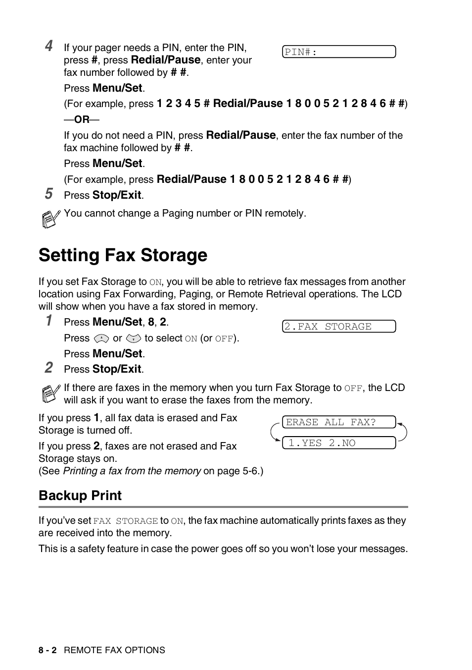 Setting fax storage, Backup print, Setting fax storage -2 | Backup print -2 | Brother FAX-565 User Manual | Page 81 / 119