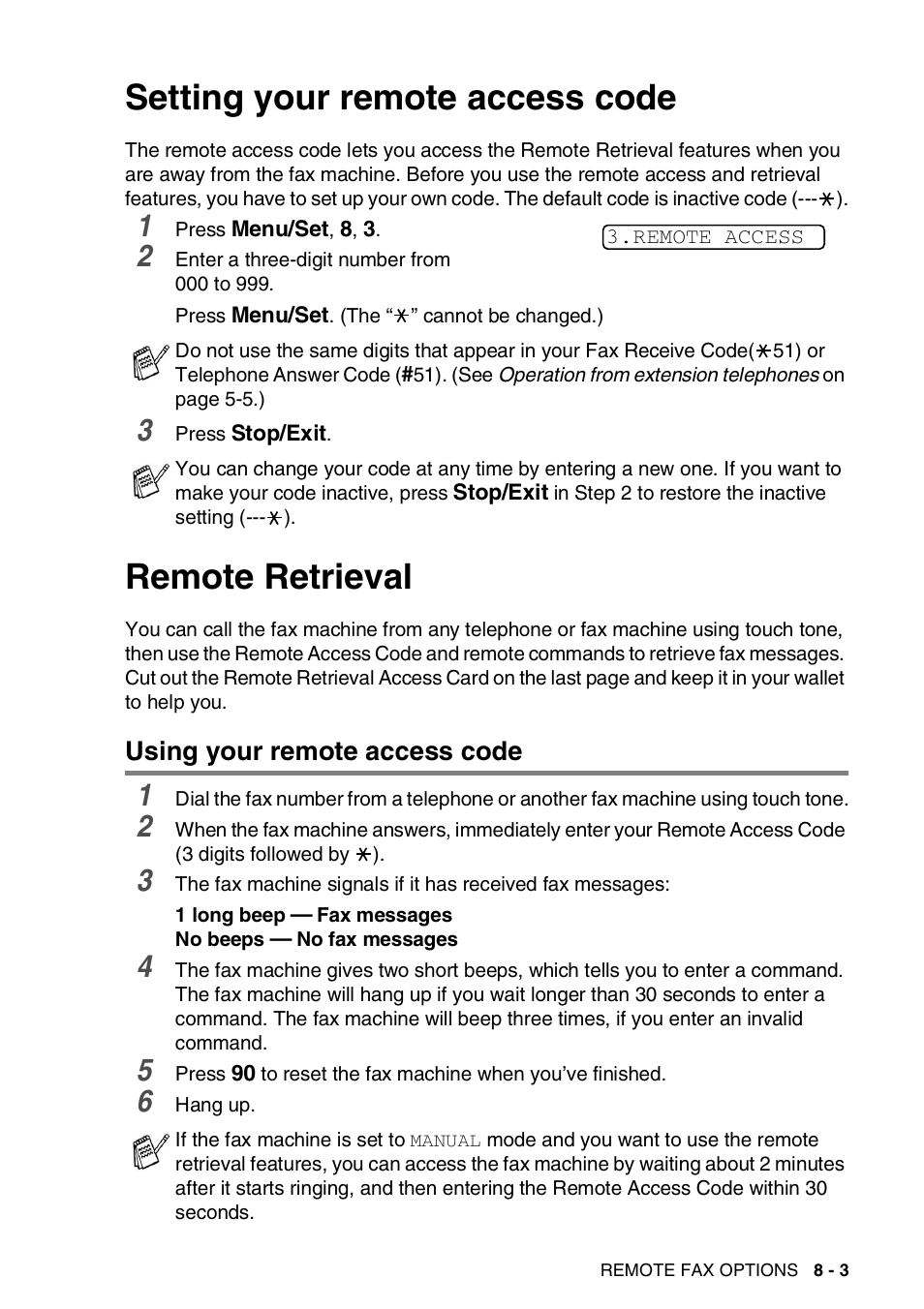 Setting your remote access code, Remote retrieval, Using your remote access code | Using your remote access code -3 | Brother FAX-565 User Manual | Page 82 / 119