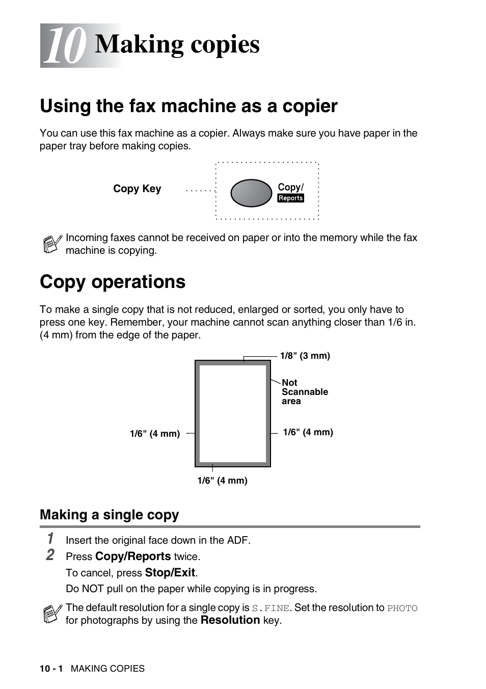 10 making copies, Using the fax machine as a copier, Copy operations | Making a single copy, Making copies -1, Making a single copy -1, Making copies | Brother FAX-565 User Manual | Page 87 / 119