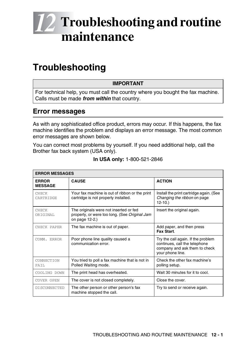 12 troubleshooting and routine maintenance, Troubleshooting, Error messages | Troubleshooting and routine maintenance -1, Troubleshooting -1, Error messages -1, Troubleshooting and routine maintenance | Brother FAX-565 User Manual | Page 94 / 119