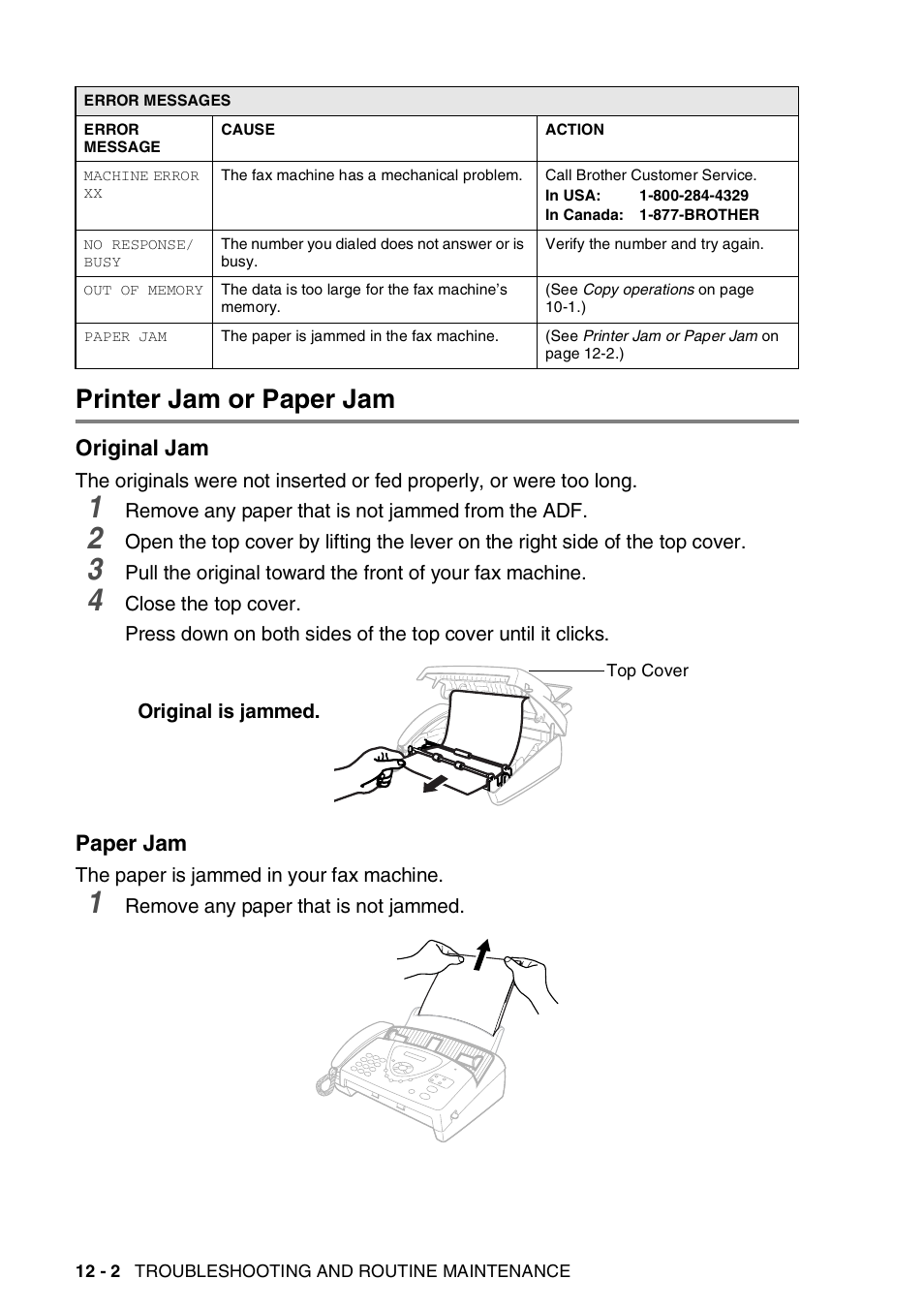 Printer jam or paper jam, Original jam, Paper jam | Printer jam or paper jam -2, Original jam -2 paper jam -2 | Brother FAX-565 User Manual | Page 95 / 119