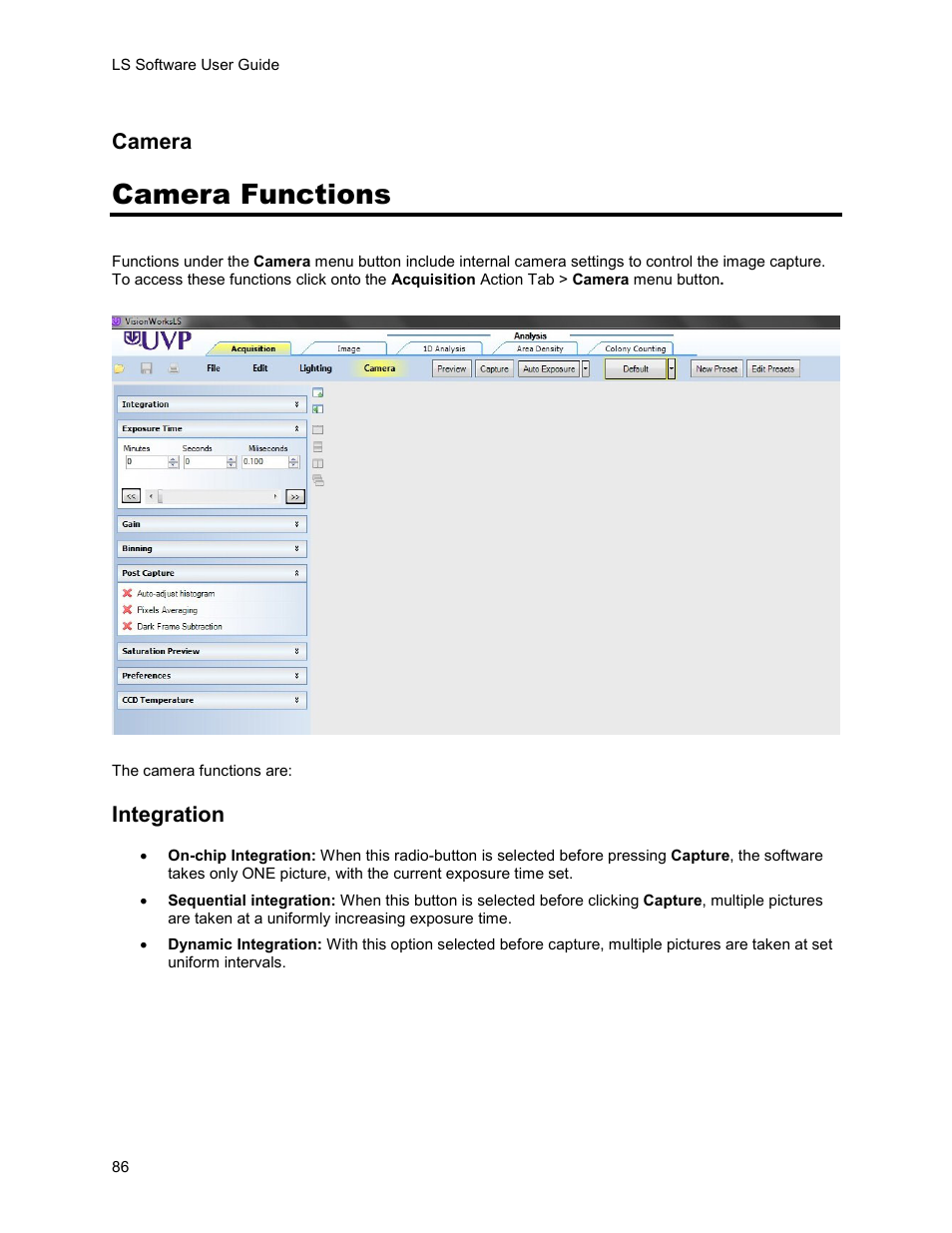 Camera functions, Camera, Integration | UVP Life Science User Manual | Page 100 / 269