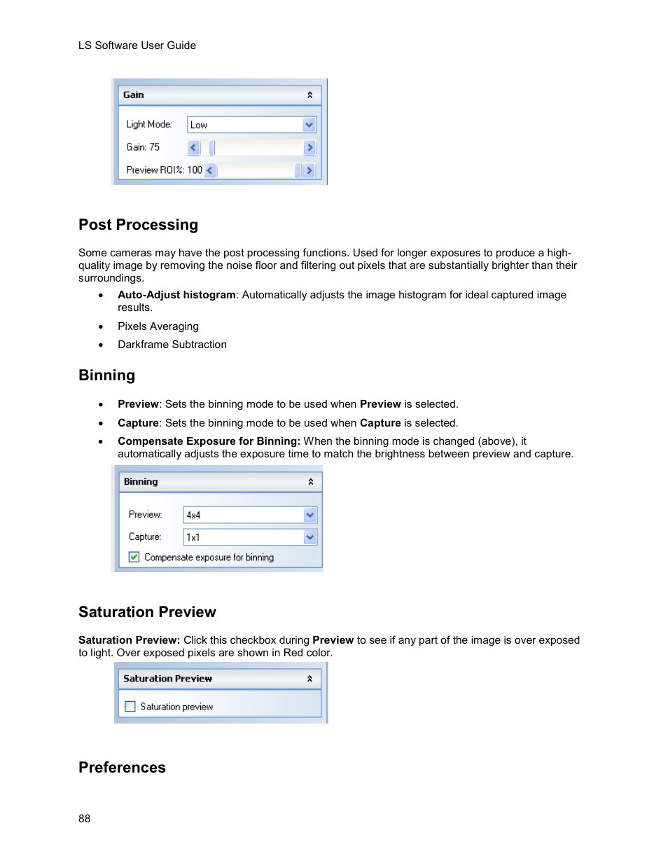 Post processing, Binning, Saturation preview | Preferences | UVP Life Science User Manual | Page 102 / 269