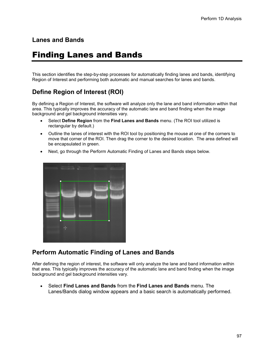 Finding lanes and bands, Lanes and bands, Define region of interest (roi) | Perform automatic finding of lanes and bands | UVP Life Science User Manual | Page 111 / 269