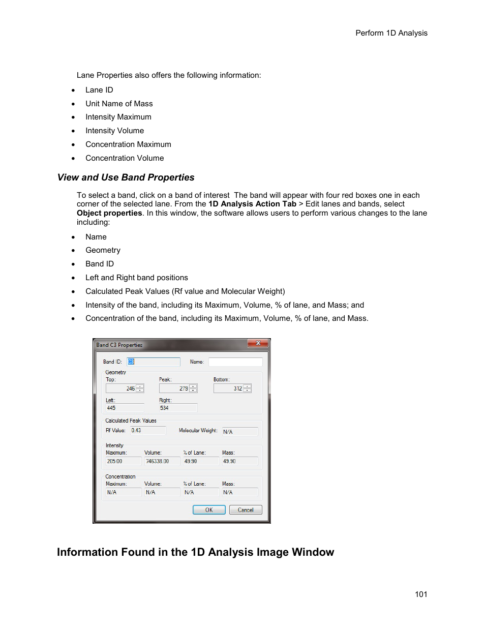 Information found in the 1d analysis image window | UVP Life Science User Manual | Page 115 / 269
