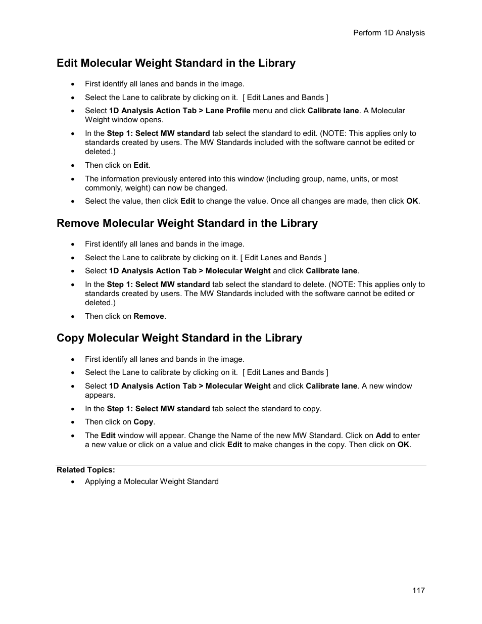 Edit molecular weight standard in the library, Remove molecular weight standard in the library, Copy molecular weight standard in the library | UVP Life Science User Manual | Page 131 / 269