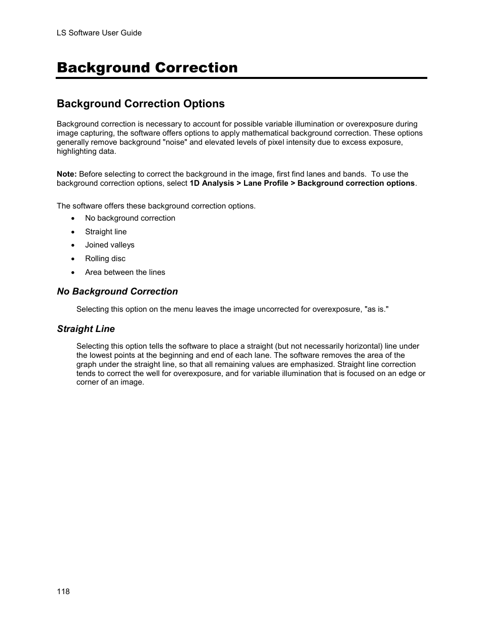 Background correction, Background correction options | UVP Life Science User Manual | Page 132 / 269