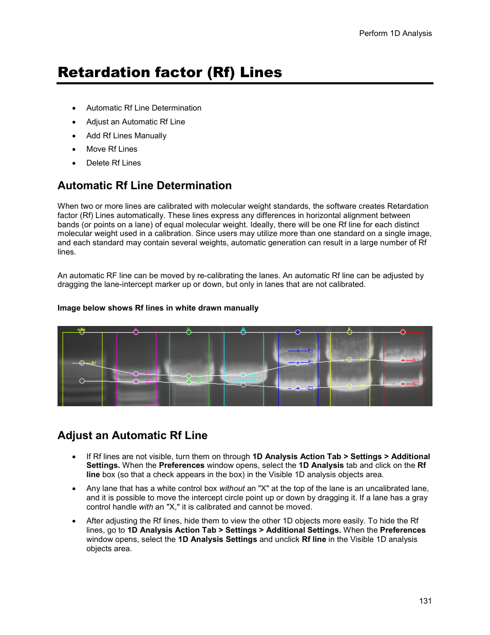 Retardation factor (rf) lines, Automatic rf line determination, Adjust an automatic rf line | UVP Life Science User Manual | Page 145 / 269