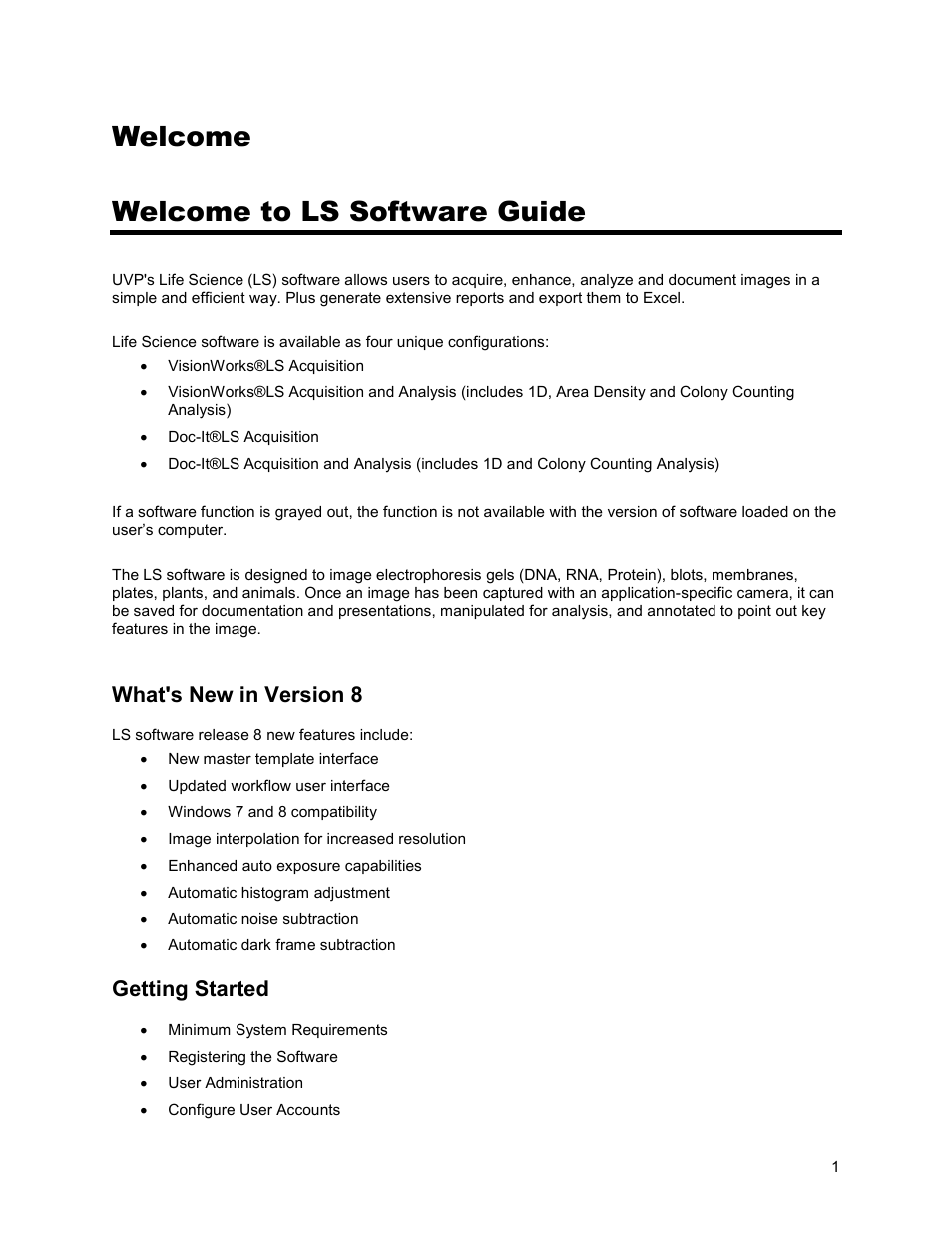 Welcome welcome to ls software guide, What's new in version 8, Getting started | UVP Life Science User Manual | Page 15 / 269