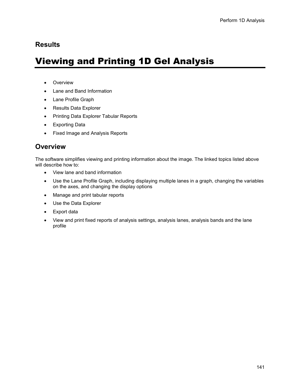 Viewing and printing 1d gel analysis, Results, Overview | UVP Life Science User Manual | Page 155 / 269