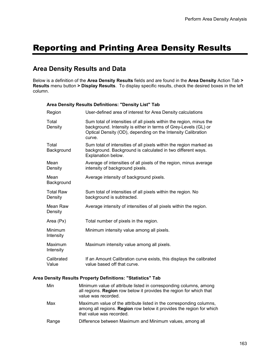 Reporting and printing area density results, Area density results and data | UVP Life Science User Manual | Page 177 / 269