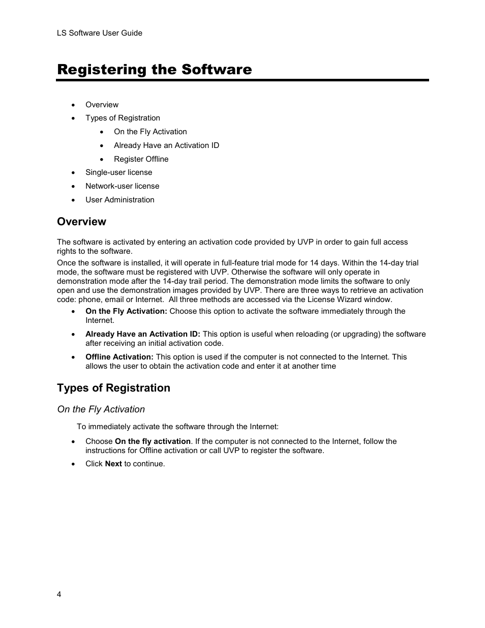 Registering the software, Overview, Types of registration | UVP Life Science User Manual | Page 18 / 269