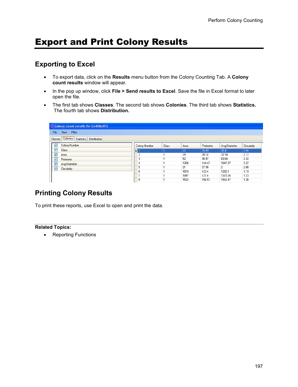 Export and print colony results, Exporting to excel, Printing colony results | UVP Life Science User Manual | Page 211 / 269