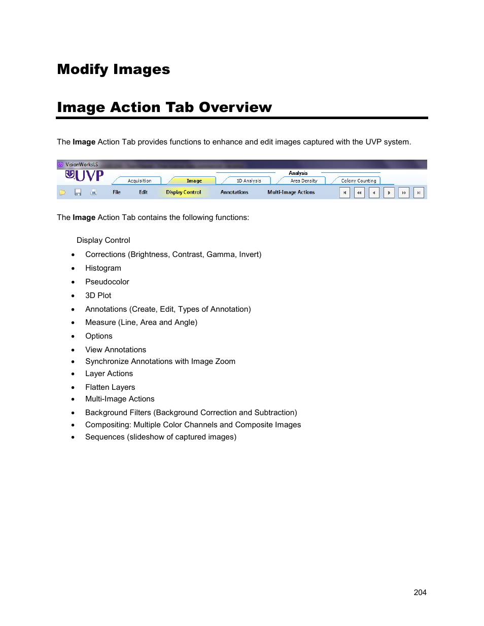 Modify images image action tab overview | UVP Life Science User Manual | Page 218 / 269