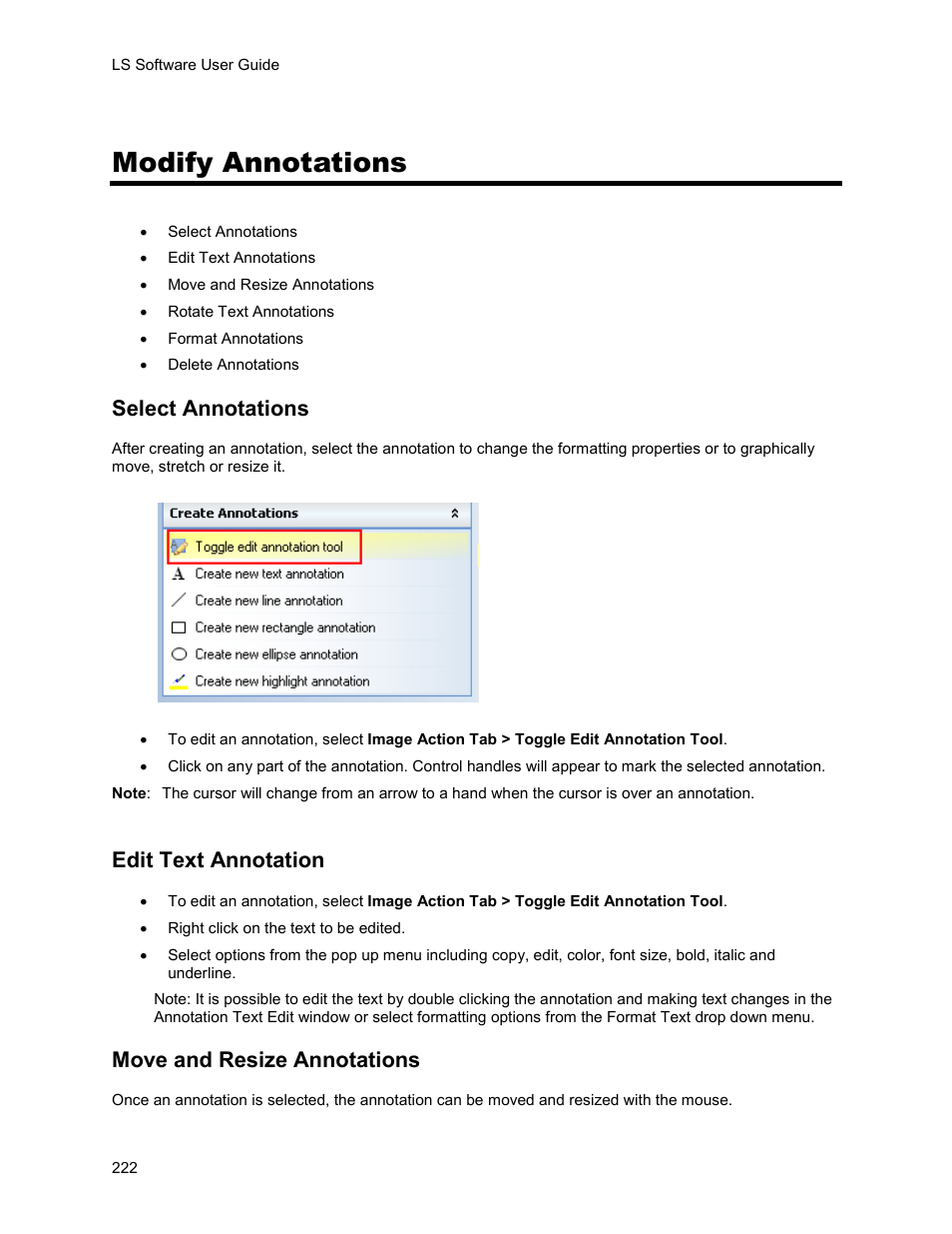 Modify annotations, Select annotations, Edit text annotation | Move and resize annotations | UVP Life Science User Manual | Page 236 / 269