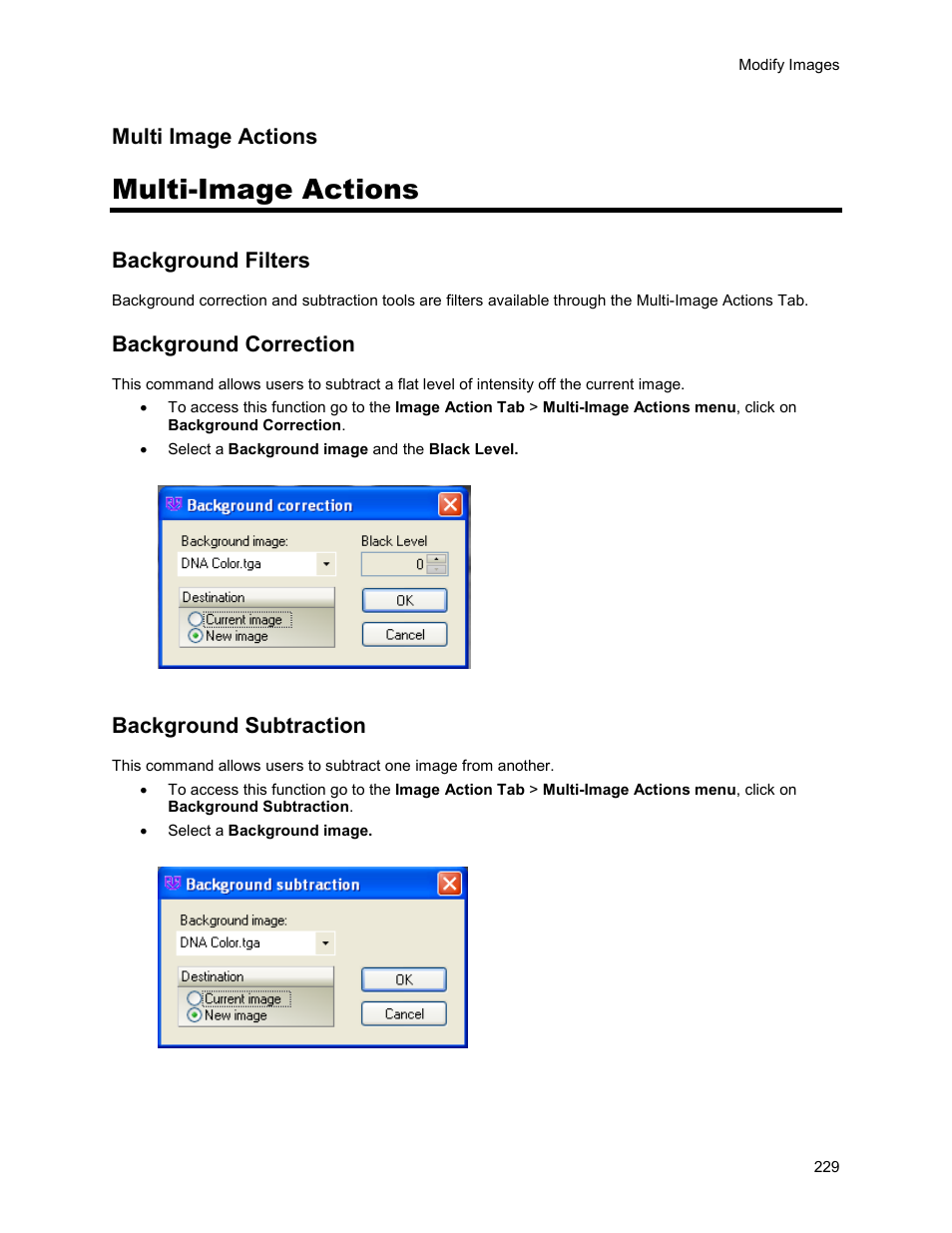 Multi-image actions, Multi image actions, Background filters | Background correction, Background subtraction | UVP Life Science User Manual | Page 243 / 269