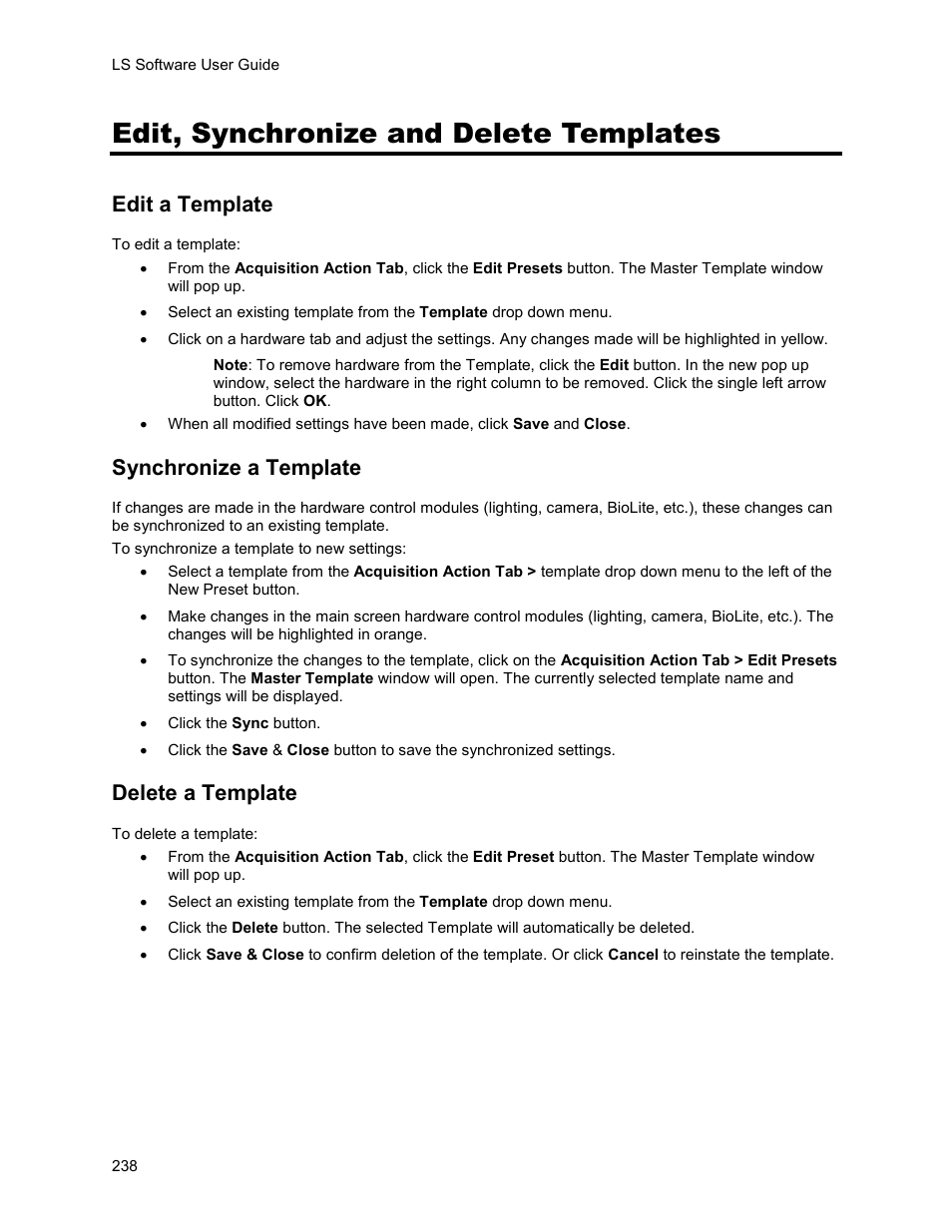 Edit, synchronize and delete templates, Edit a template, Synchronize a template | Delete a template | UVP Life Science User Manual | Page 252 / 269