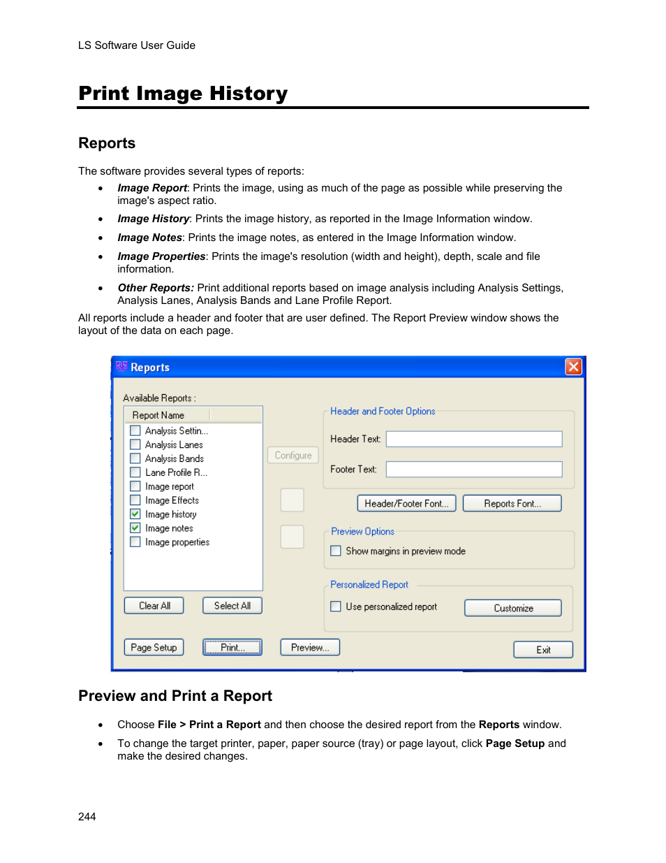 Print image history, Reports, Preview and print a report | UVP Life Science User Manual | Page 258 / 269