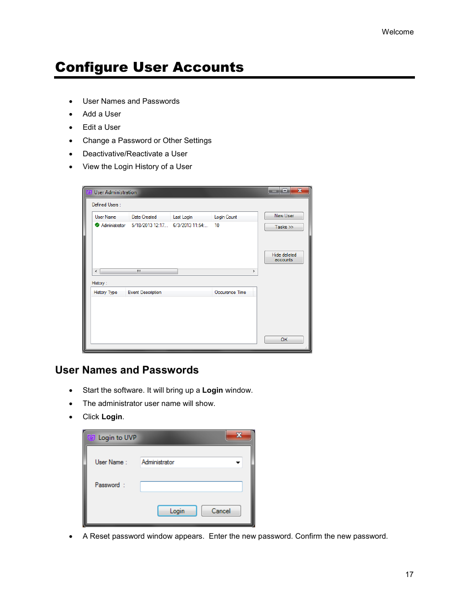 Configure user accounts, User names and passwords | UVP Life Science User Manual | Page 31 / 269