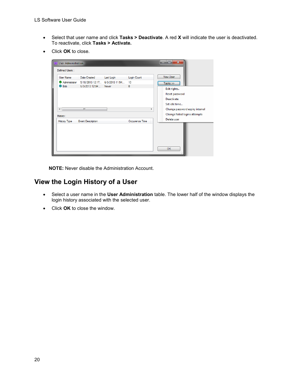 View the login history of a user | UVP Life Science User Manual | Page 34 / 269