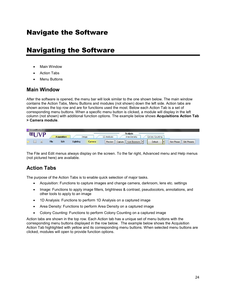 Navigate the software navigating the software, Main window, Action tabs | UVP Life Science User Manual | Page 38 / 269