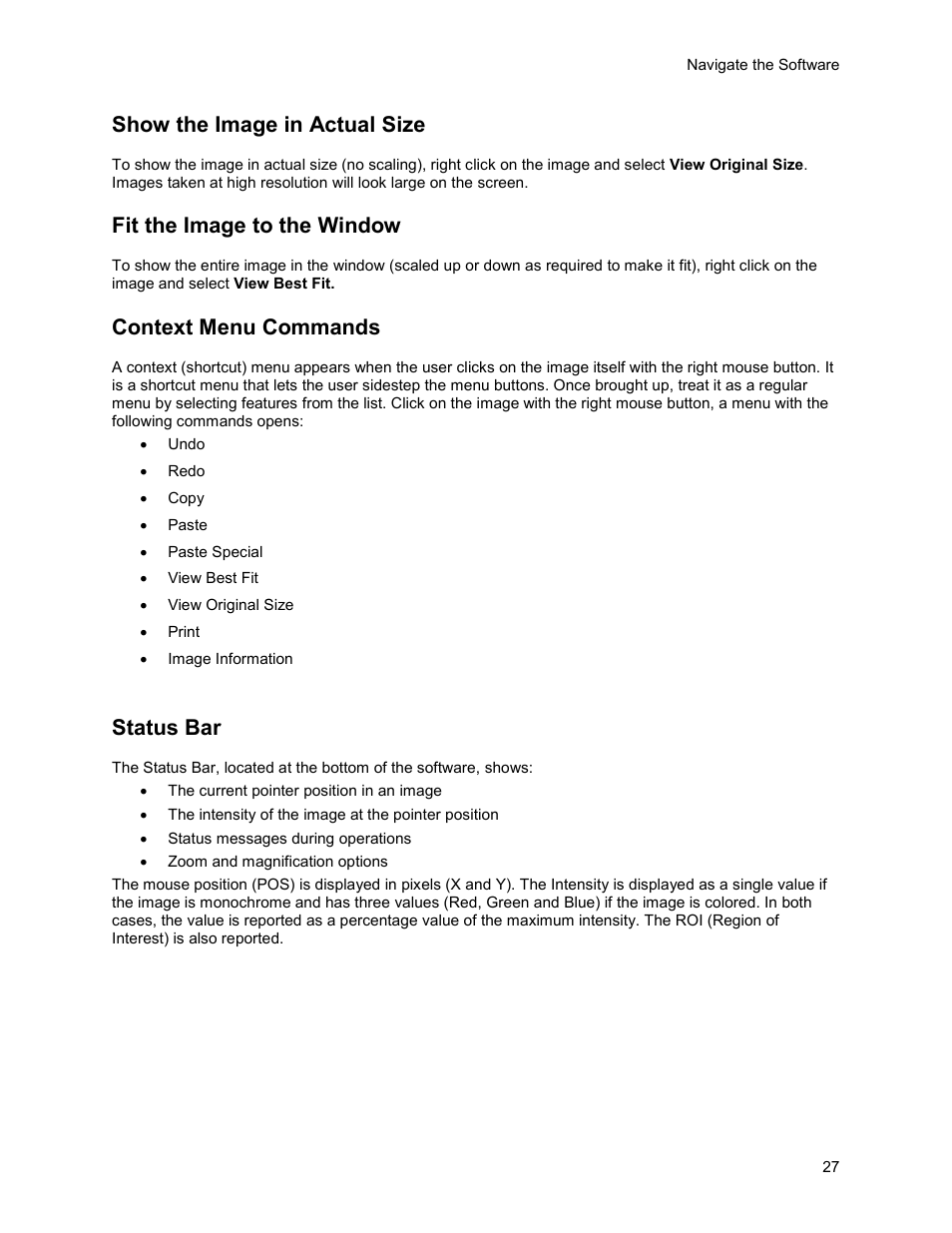 Show the image in actual size, Fit the image to the window, Context menu commands | Status bar | UVP Life Science User Manual | Page 41 / 269