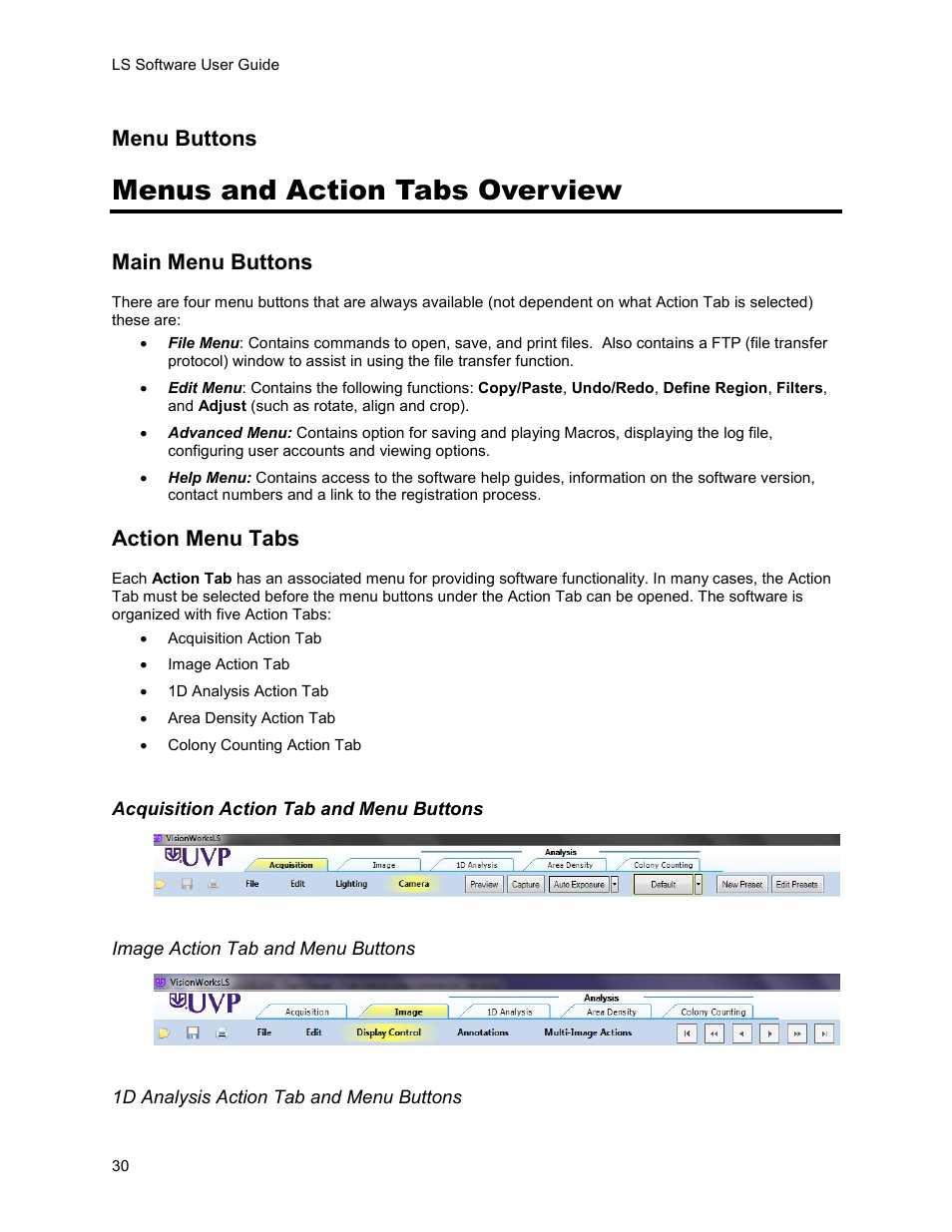 Menus and action tabs overview, Menu buttons, Main menu buttons | Action menu tabs | UVP Life Science User Manual | Page 44 / 269